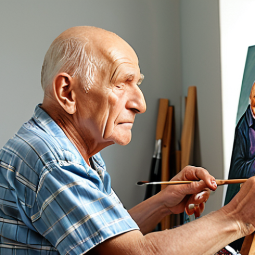 **A stroke patient using assistive tools for painting**: Focus on a senior man, a former art teacher, now using specialized brushes and a support system to paint with his left hand after a stroke. The scene should evoke determination and renewed passion for art.