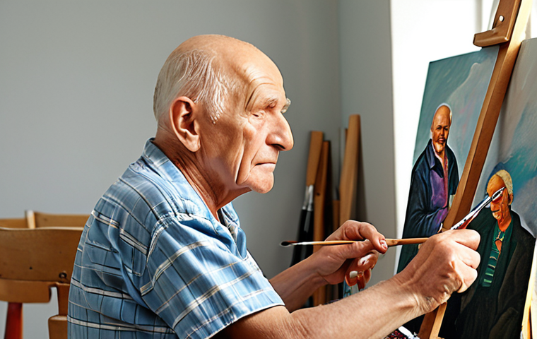**A stroke patient using assistive tools for painting**: Focus on a senior man, a former art teacher, now using specialized brushes and a support system to paint with his left hand after a stroke. The scene should evoke determination and renewed passion for art.