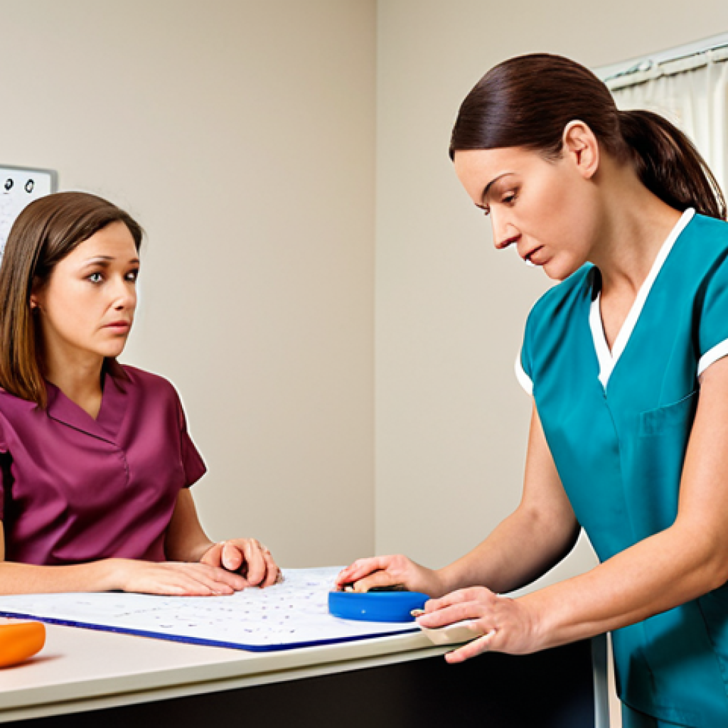 **Occupational Therapist Evaluating Patient:** An occupational therapist carefully assesses a patient's range of motion and cognitive abilities in a bright clinic setting, using specialized tools for evaluation. Focus on empathy and professional detail.