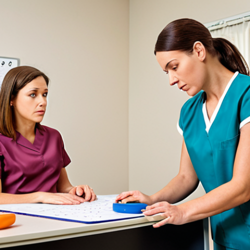 **Occupational Therapist Evaluating Patient:** An occupational therapist carefully assesses a patient's range of motion and cognitive abilities in a bright clinic setting, using specialized tools for evaluation. Focus on empathy and professional detail.