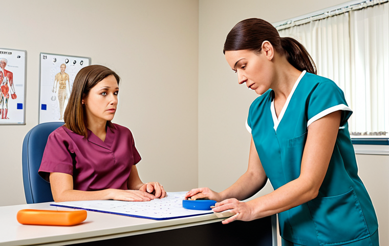 **Occupational Therapist Evaluating Patient:** An occupational therapist carefully assesses a patient's range of motion and cognitive abilities in a bright clinic setting, using specialized tools for evaluation. Focus on empathy and professional detail.