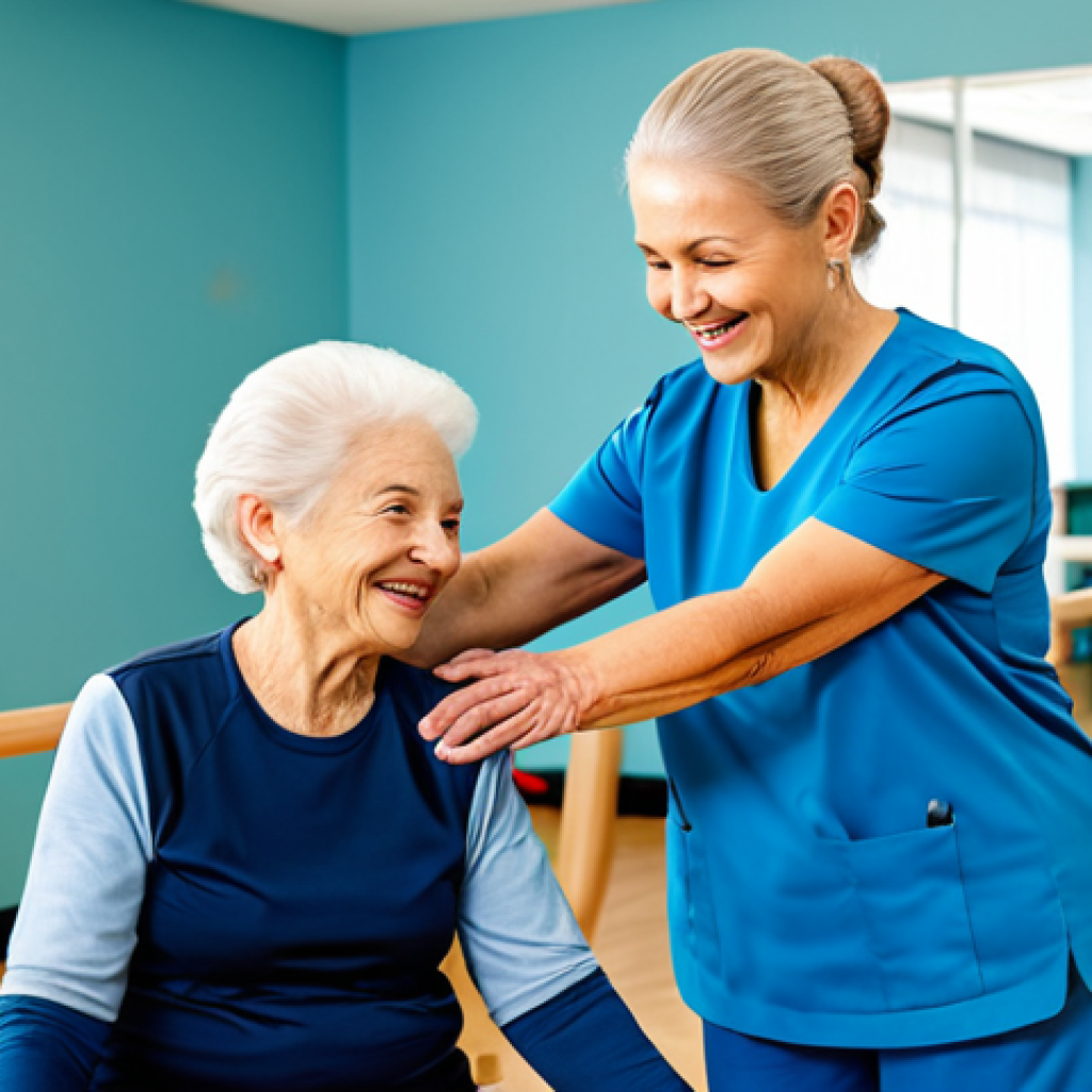 **

"A professional physical therapist assisting a senior woman in a fully clothed, modest workout in a bright, modern rehabilitation center. The woman is smiling and engaged in the exercise, appropriate attire, safe for work, perfect anatomy, natural proportions, professional photography, high quality."

**