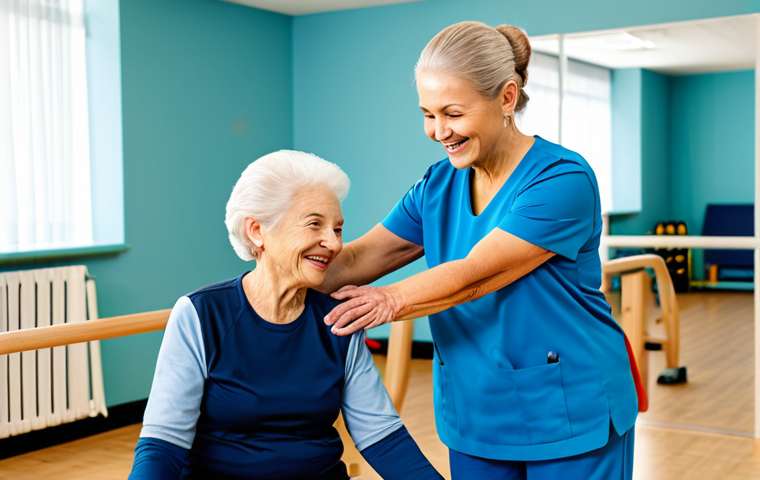 **

"A professional physical therapist assisting a senior woman in a fully clothed, modest workout in a bright, modern rehabilitation center. The woman is smiling and engaged in the exercise, appropriate attire, safe for work, perfect anatomy, natural proportions, professional photography, high quality."

**