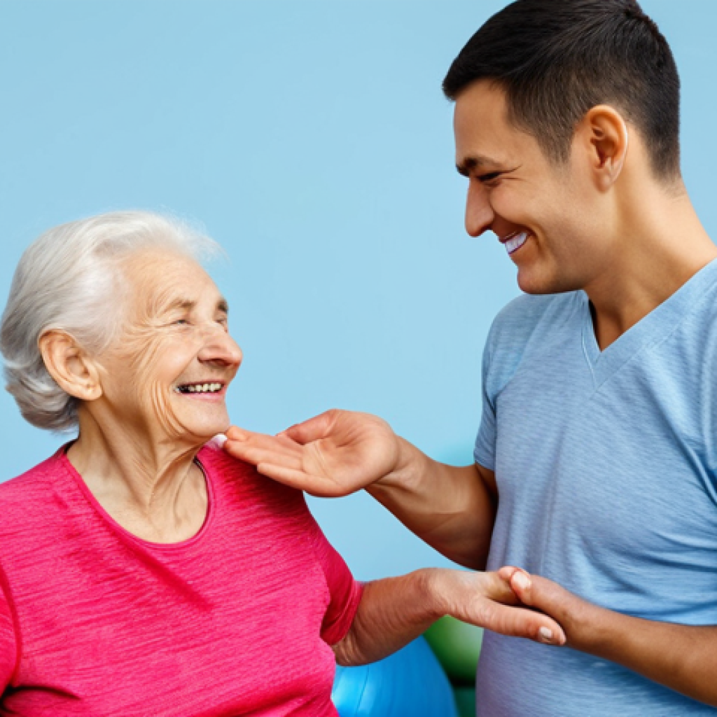 **

A professional physical therapist assisting an elderly woman in a modest, bright, and cheerful rehabilitation center. The woman is fully clothed in comfortable exercise attire, performing a gentle stretching exercise. Perfect anatomy, correct proportions, well-formed hands, proper finger count. Safe for work, appropriate content, family-friendly. Focus on the supportive and encouraging atmosphere.

**