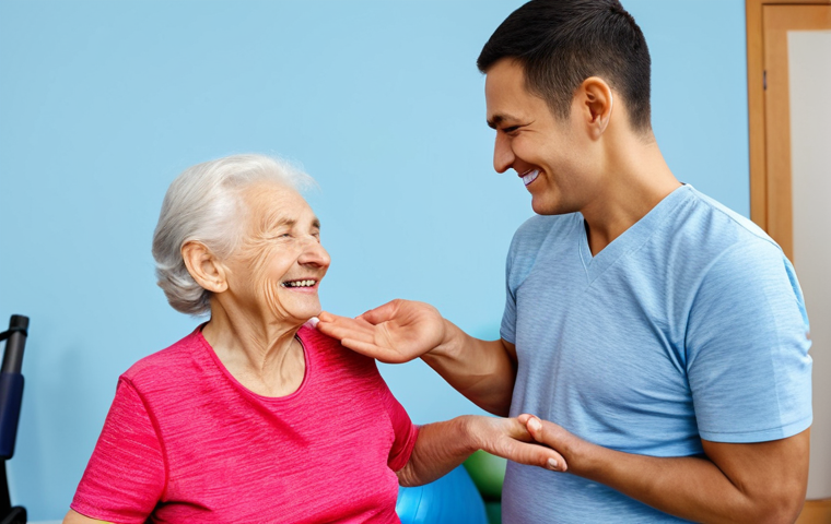 **

A professional physical therapist assisting an elderly woman in a modest, bright, and cheerful rehabilitation center. The woman is fully clothed in comfortable exercise attire, performing a gentle stretching exercise. Perfect anatomy, correct proportions, well-formed hands, proper finger count. Safe for work, appropriate content, family-friendly. Focus on the supportive and encouraging atmosphere.

**