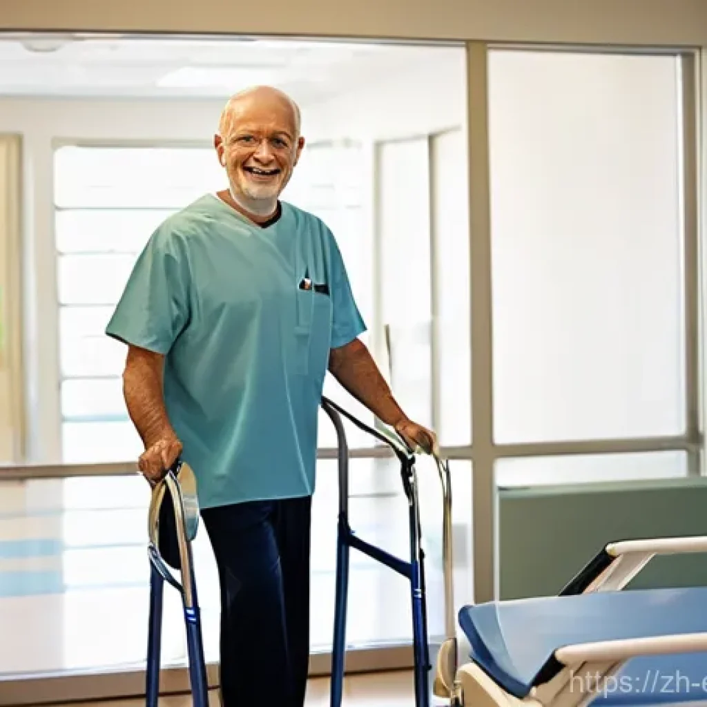 작업치료사의 작업 환경 - **Prompt:** A bright and modern hospital rehabilitation gym. A mid-50s male patient, dressed in comf...