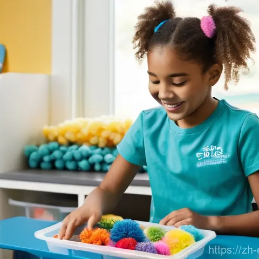 작업치료사의 환자 치료 경험 공유 사례 - **Prompt:** A cheerful, brightly lit pediatric occupational therapy room. A focused 7-year-old girl,...