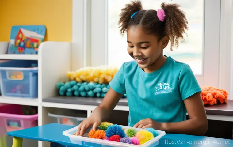 작업치료사의 환자 치료 경험 공유 사례 - **Prompt:** A cheerful, brightly lit pediatric occupational therapy room. A focused 7-year-old girl,...