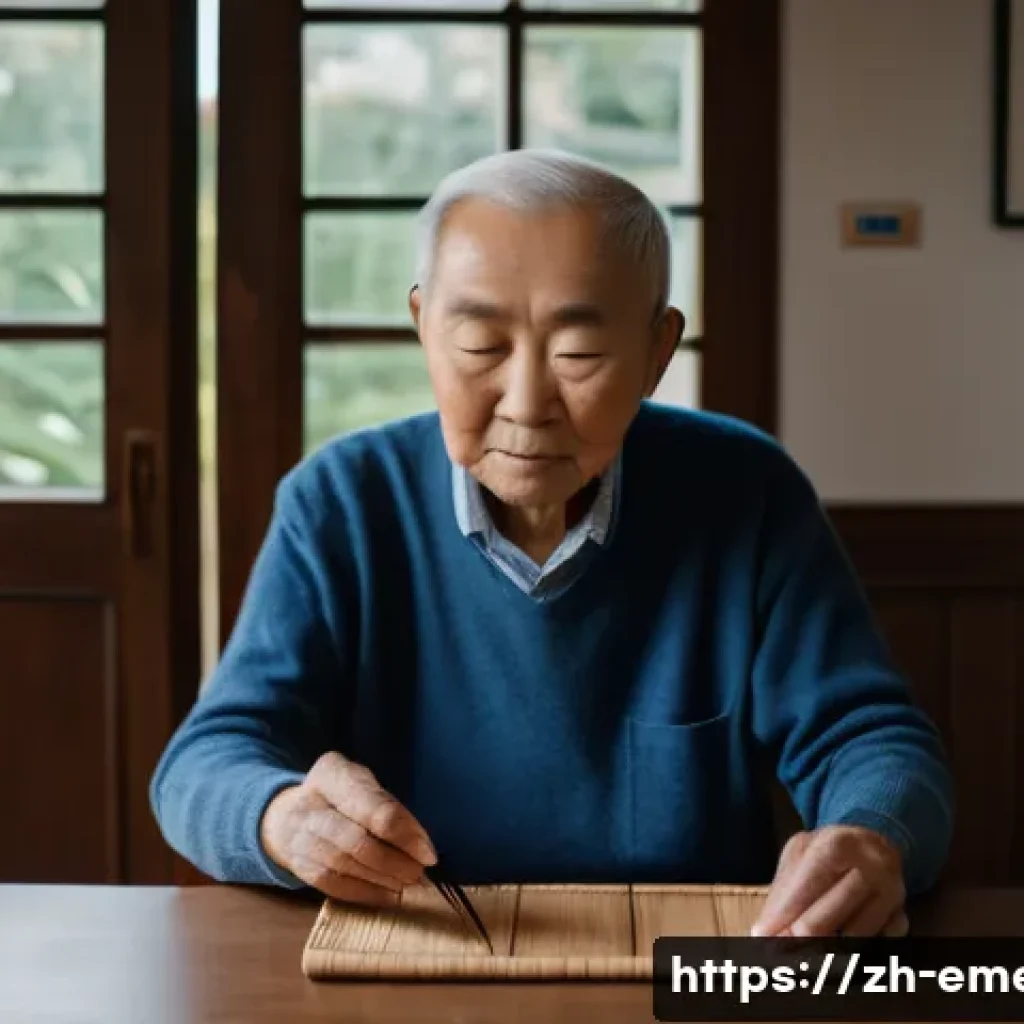 작업치료사의 다양한 직무 사례 - An elderly stroke patient wearing comfortable casual clothes and sitting at a wooden dining table, p...