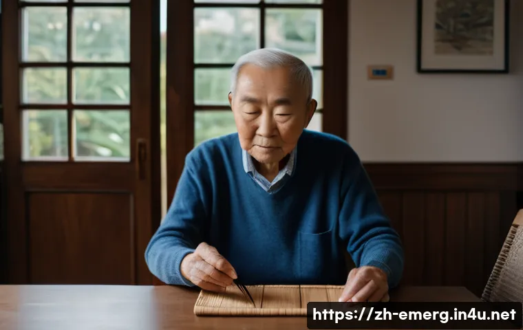 작업치료사의 다양한 직무 사례 - An elderly stroke patient wearing comfortable casual clothes and sitting at a wooden dining table, p...