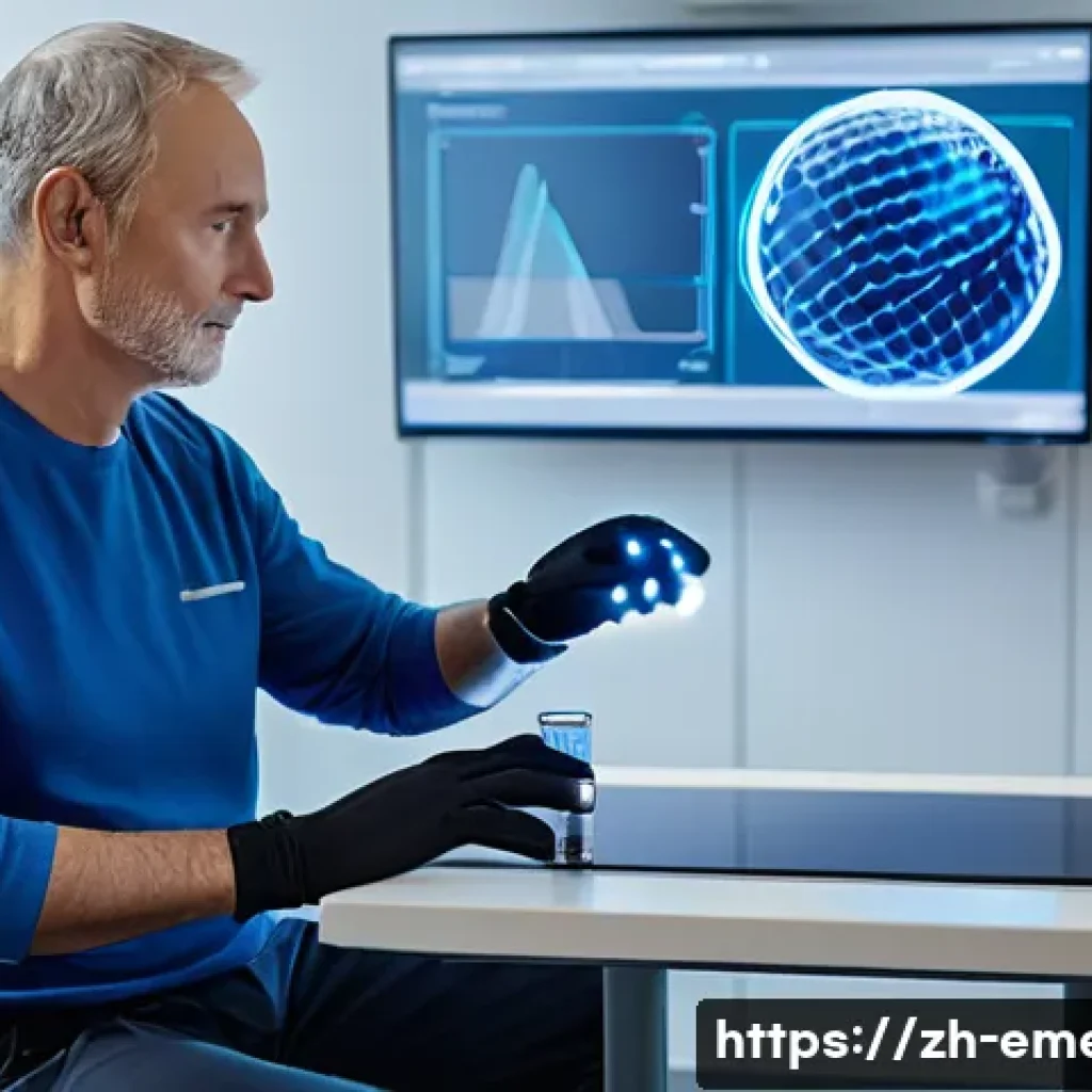 작업치료사의 최신 재활 장비 활용 사례 - A futuristic rehabilitation scene showing a middle-aged stroke patient wearing a sleek, high-tech sm...