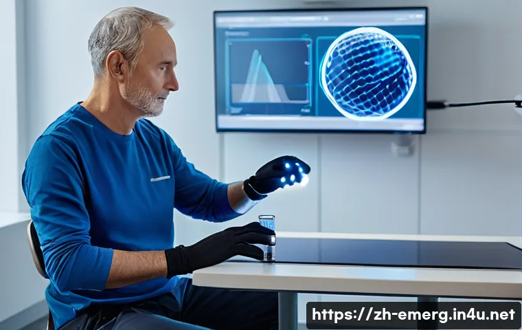 작업치료사의 최신 재활 장비 활용 사례 - A futuristic rehabilitation scene showing a middle-aged stroke patient wearing a sleek, high-tech sm...