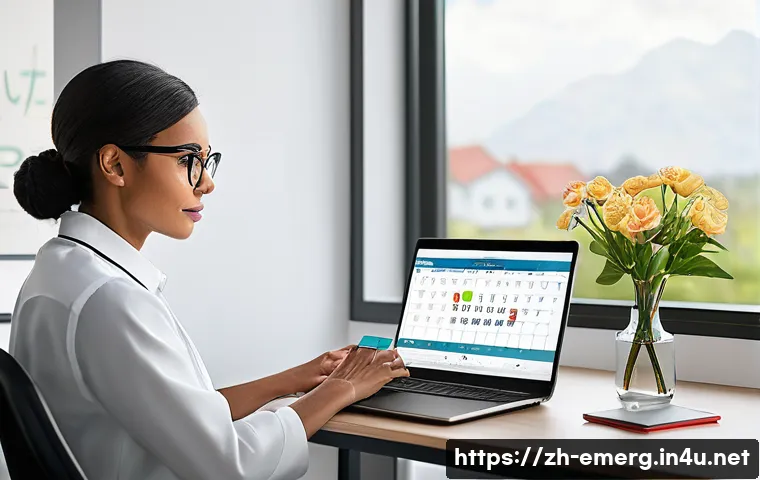 작업치료사의 시간 관리 비법 - A modern occupational therapist&rsquo;s workspace featuring a digital calendar on a sleek laptop screen sh...