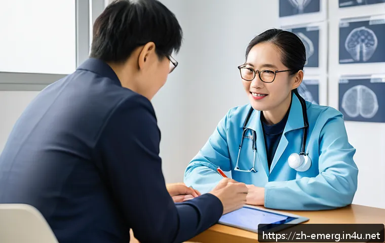 작업치료사의 단기 성과 목표 - A professional rehabilitation therapist attentively interviewing a middle-aged Chinese stroke patien...