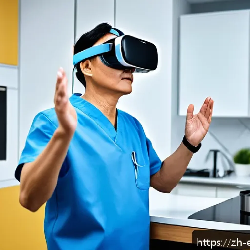 작업치료사의 최신 장비 활용 사례 - A modern rehabilitation clinic scene featuring a middle-aged stroke patient wearing comfortable clot...