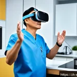 작업치료사의 최신 장비 활용 사례 - A modern rehabilitation clinic scene featuring a middle-aged stroke patient wearing comfortable clot...