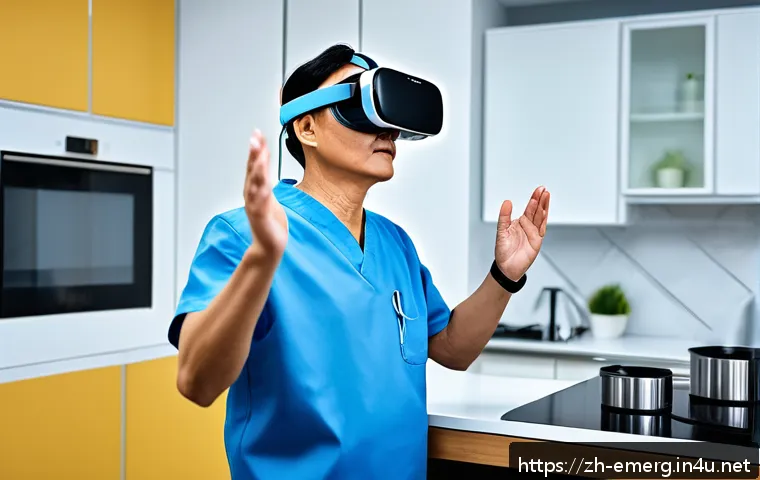 작업치료사의 최신 장비 활용 사례 - A modern rehabilitation clinic scene featuring a middle-aged stroke patient wearing comfortable clot...