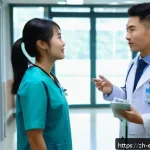 작업치료사의 인턴십 경험담 - A young occupational therapy intern wearing professional attire and neat underwear, nervously enteri...