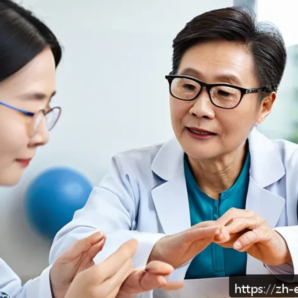 작업치료사의 의료기기 활용법 - A modern rehabilitation clinic scene featuring a middle-aged stroke patient wearing comfortable casu...