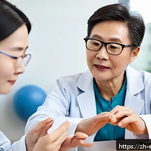 작업치료사의 의료기기 활용법 - A modern rehabilitation clinic scene featuring a middle-aged stroke patient wearing comfortable casu...