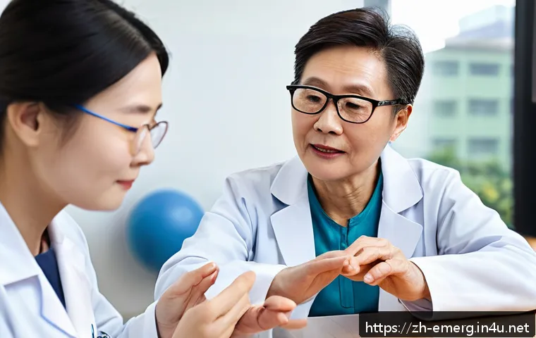 작업치료사의 의료기기 활용법 - A modern rehabilitation clinic scene featuring a middle-aged stroke patient wearing comfortable casu...