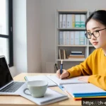 작업치료사의 자격 시험 준비 성공 사례 - A focused young adult Chinese student sitting at a modern study desk in a bright, cozy room, surroun...