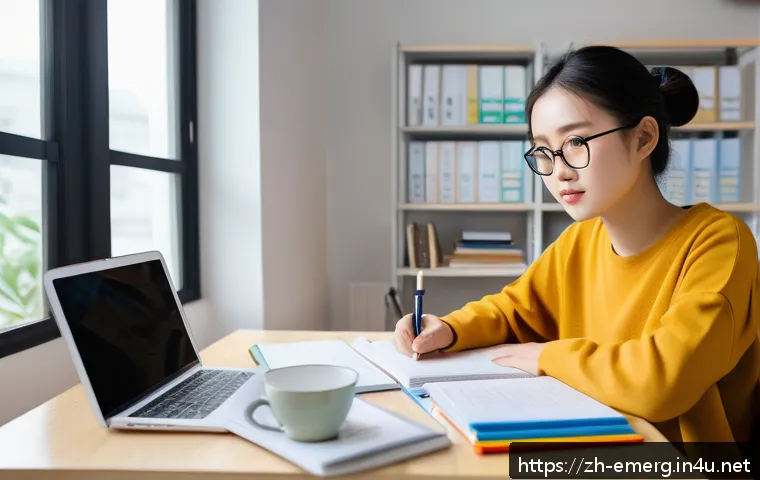 작업치료사의 자격 시험 준비 성공 사례 - A focused young adult Chinese student sitting at a modern study desk in a bright, cozy room, surroun...