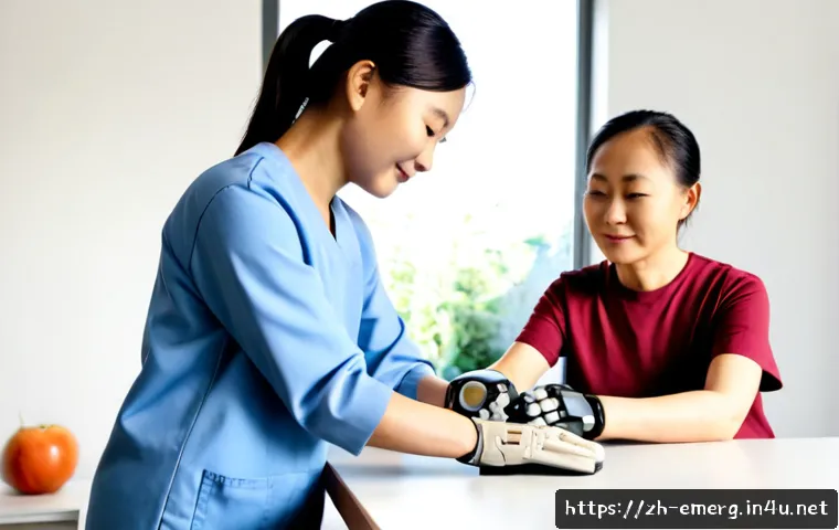작업치료사의 최신 재활 도구 사용 사례 - Photorealistic occupational therapy session in a bright modern rehabilitation clinic, a compassionat...