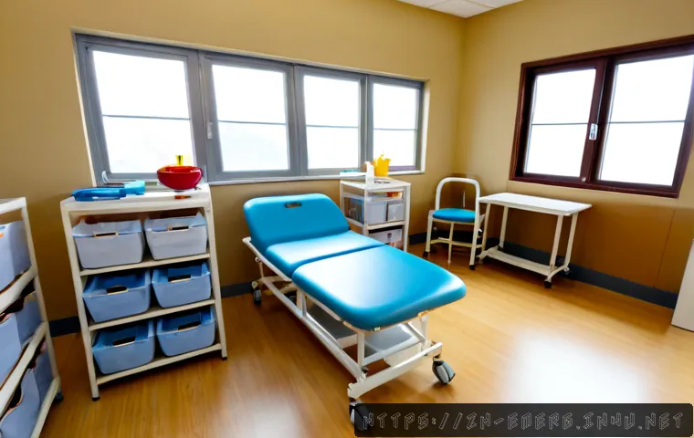 작업치료사의 치료 공간 관리 팁 - Photorealistic occupational therapy treatment room organized for safety and efficient workflow, wide...